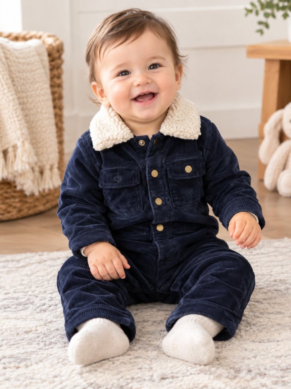Old Navy Baby Navy Corduroy Sherpa Collar Romper 6–12M